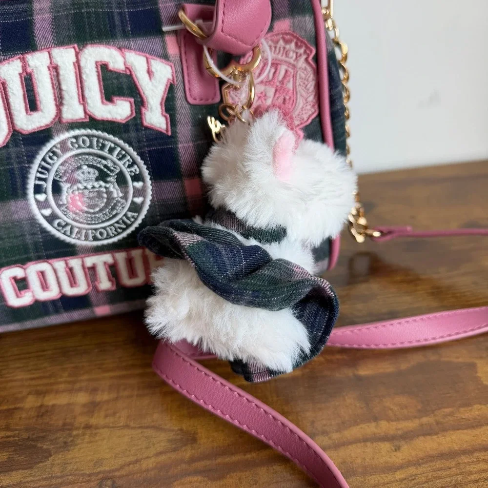 New Juicy Couture Varsity Plaid Satchel Pink Green Crossbody Handbag Scottie